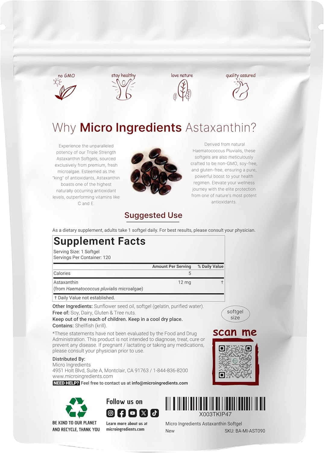 Microingredients Astaxanthin from Microalgae 12mg Dietary Supplement, 120 Softgels