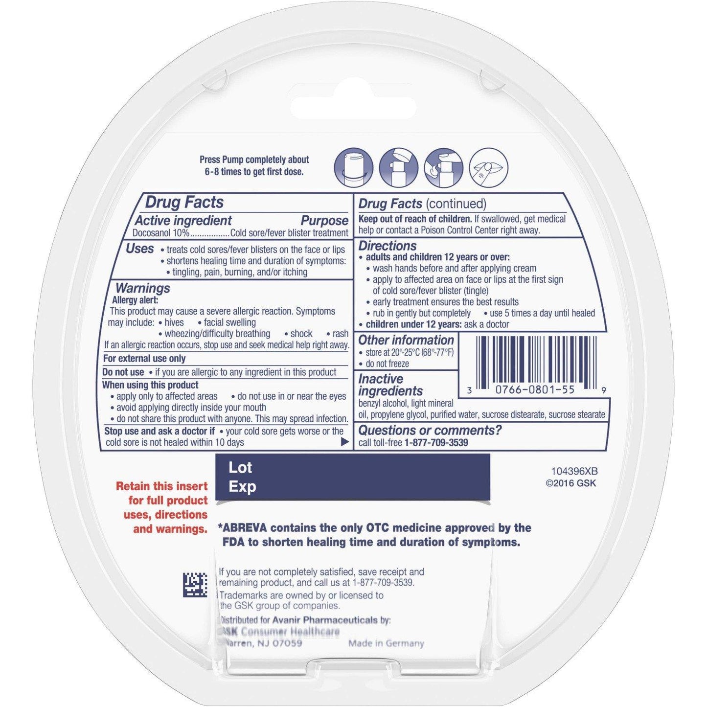 Abreva 10% Cream Pump, Only FDA Approved Treatment for Cold Sore/Fever Blister, 2 grams