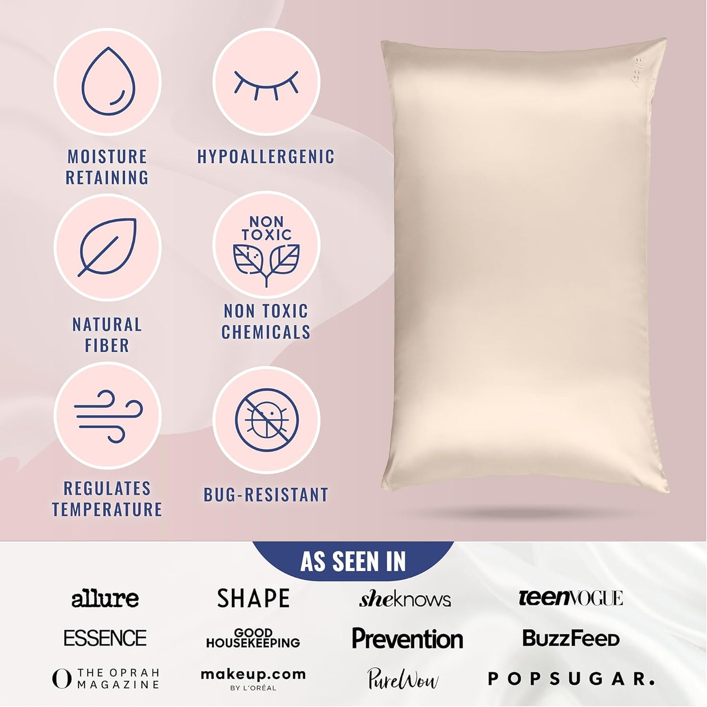 Blissy 100% Pure Mulberry Silk Pillowcase with Hidden Zipper (Queen, Champagne)