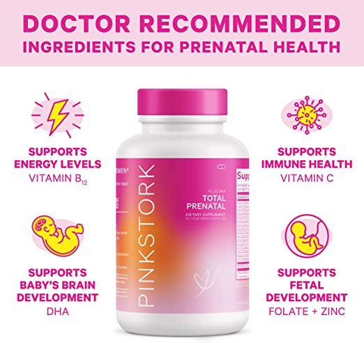 Pink Stork Total Prenatal Vitamins Plus DHA 60 Vegetarian Capsules PACKAGING MAY VARY NO BOX