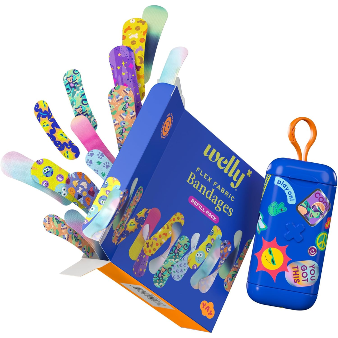 Welly Flex Fabric Bandages, 1 Clip 'n' Go Tin + 100 Count Assorted Refill Pack