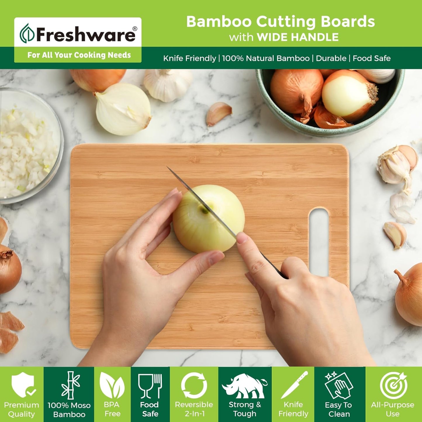 Freshware Bamboo Cutting Boards for Kitchen with Handles, ( Set Of 3 )