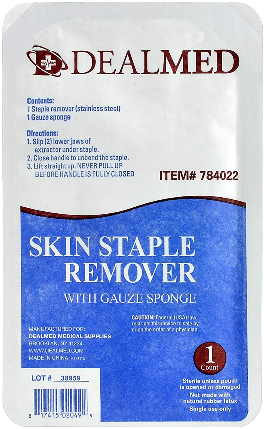 Dealmed Sterile Staple Removal Kit with Gauze Sponge, Single-Use, 1 Kit