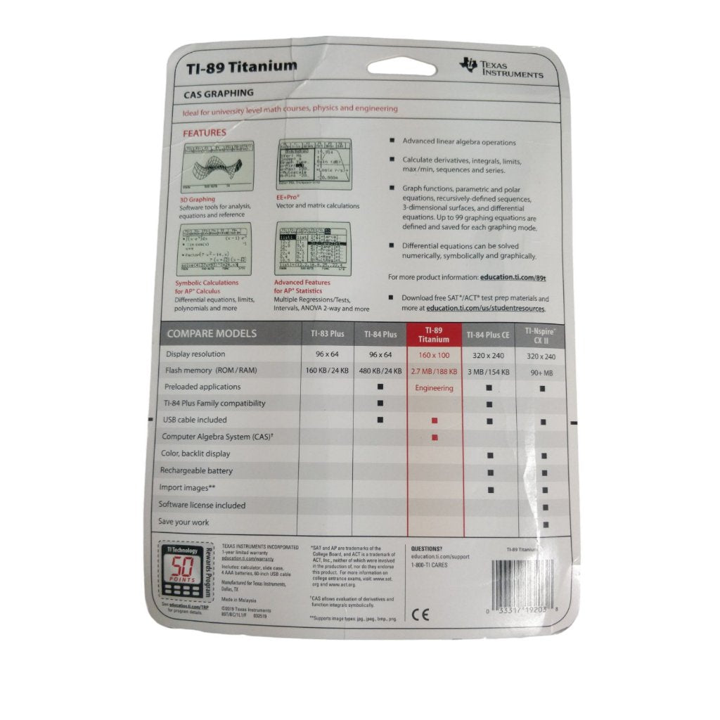 Texas TI-89 Titanium CAS Graphing Calculator Permitted SAT and AP, 1Qty Packaging May Vary