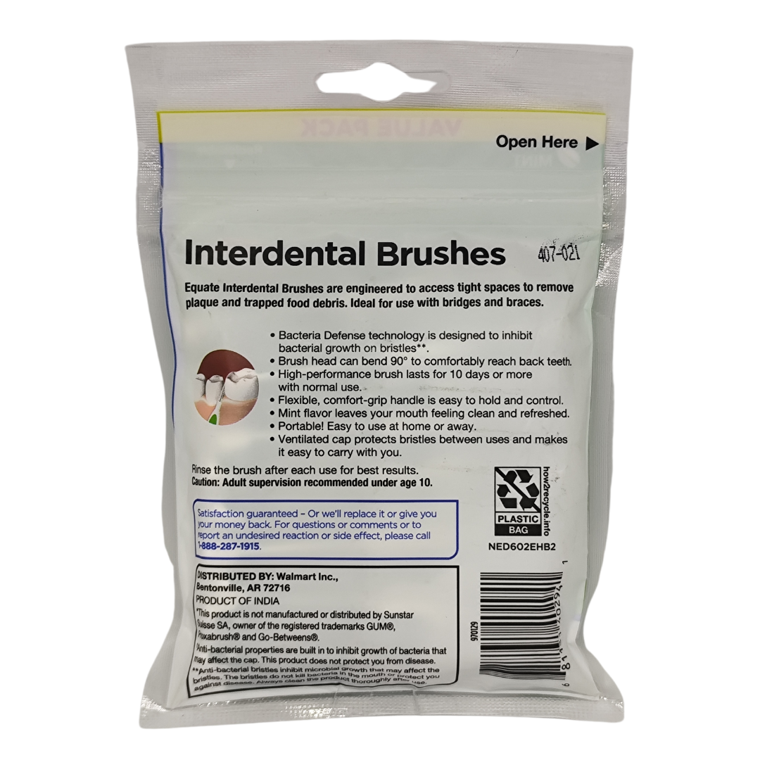 Equate Anti-Bacterial Caps Interdental Brushes for Tight Spaces, Mint-Flavored, 20 Brushes