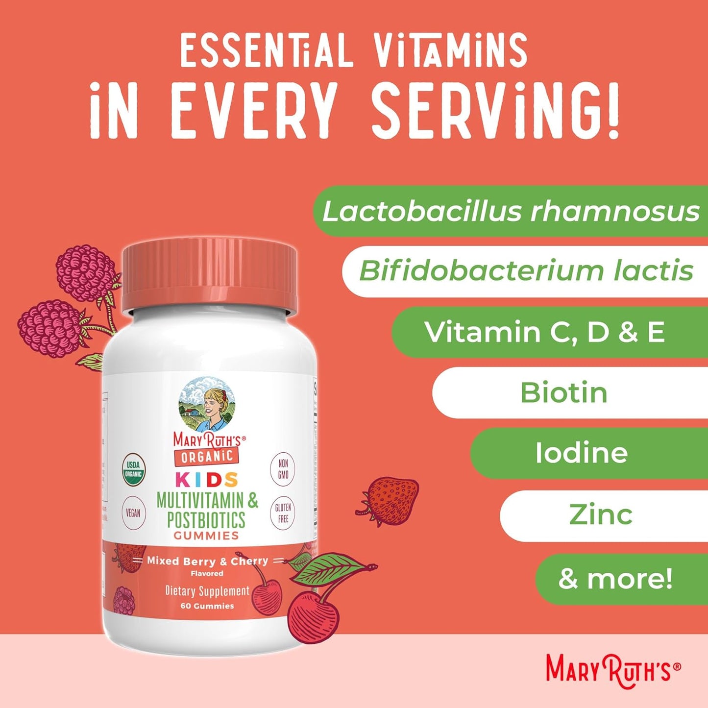 Mary Ruth's Organic Kids Multivitamin & Postbiotics Gummies Mixed Berry & Cherry, 60 Gummies