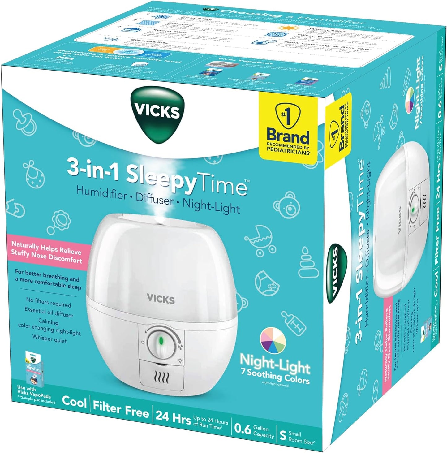 Vicks 3-In-1 SleepyTime Humidifier, Diffuser, Night-Light (0.6 Gallon) Small Room Size