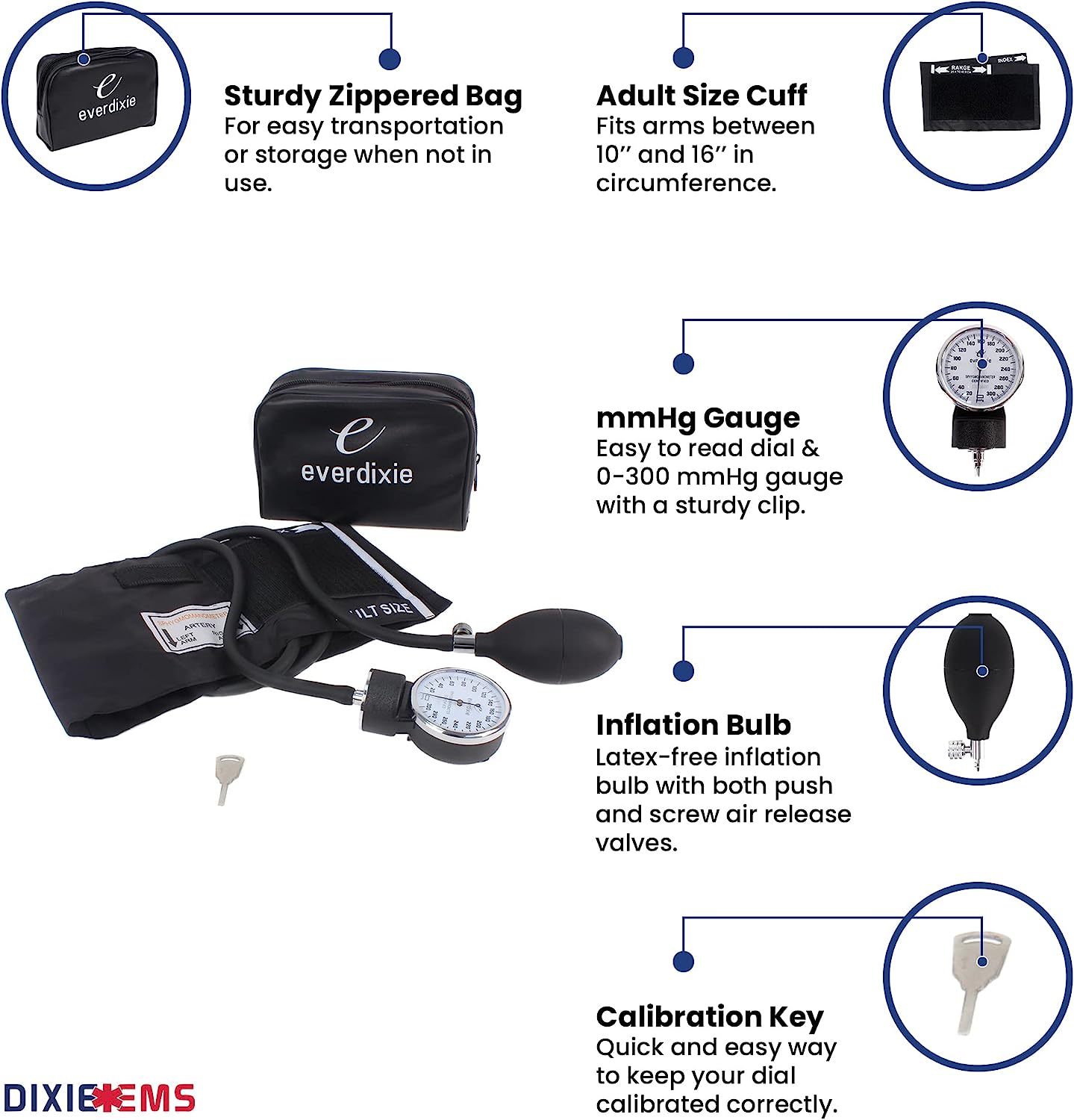 Dixie EMS Deluxe Aneroid Sphygmomanometer Blood Pressure Set Tool - Black