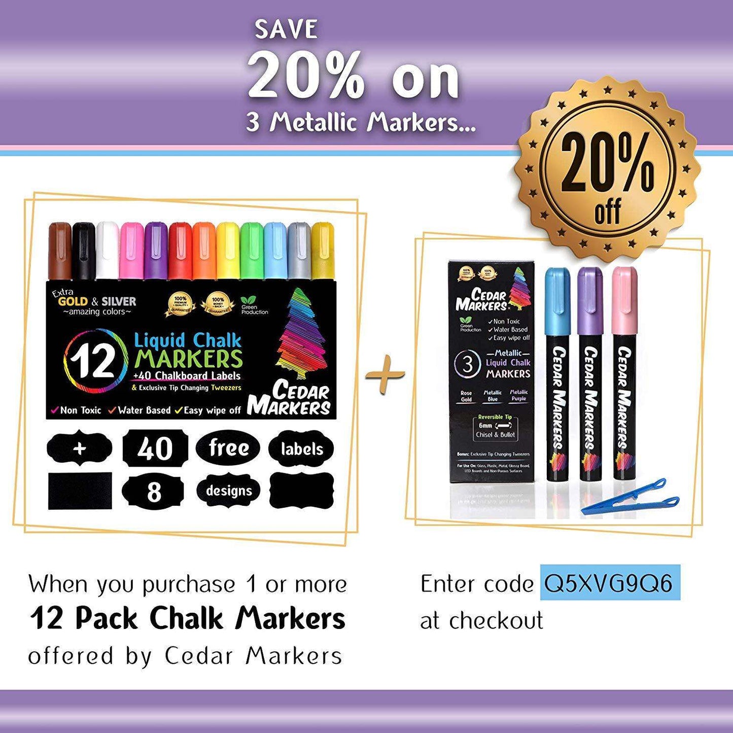 Cedar Markers Liquid Chalk Markers 12 count with Free 40 Chalkboard Labels