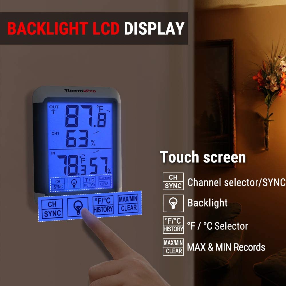 ThermoPro (TP65) Indoor Outdoor Thermometer Digital Wireless Hygrometer Touchscreen, 1 Count
