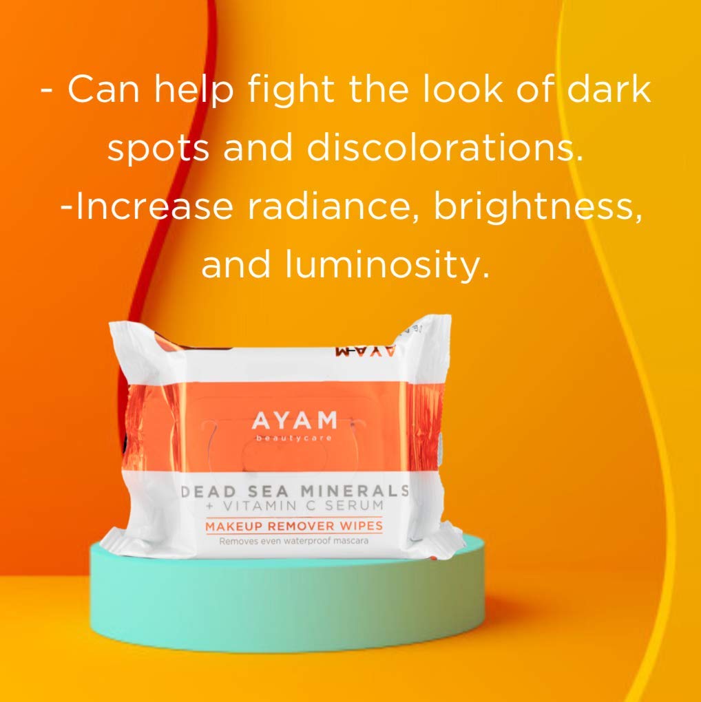 AYAM Beautycare Dead Sea Minerals + Vitamin C Serum Makeup Remover Wipes, Cleansing Towelettes, Removes makeup, Oil, Dirt, 25 Count