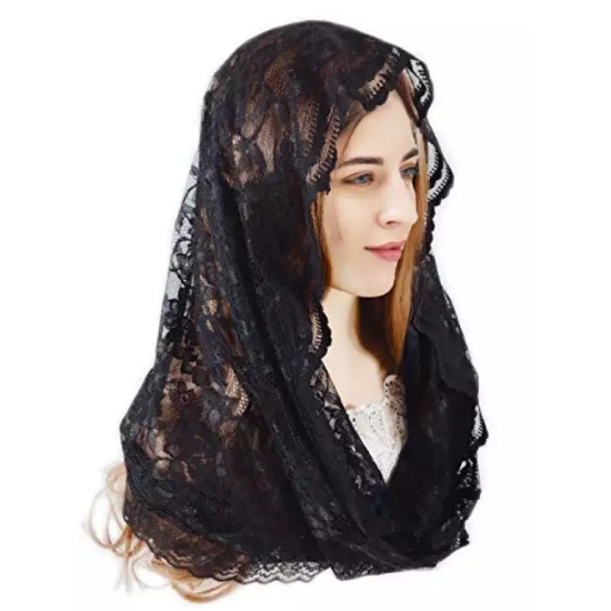 PAMOR Infinity Floral Covering Lace Scarf Mantilla Chapel Veils, Black