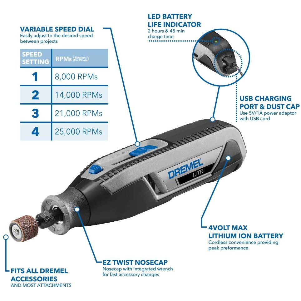 Dremel Lite 7760 N/10A 4V Li-Ion Cordless Multi-Purpose Rotary Tool Kit, USB Charging