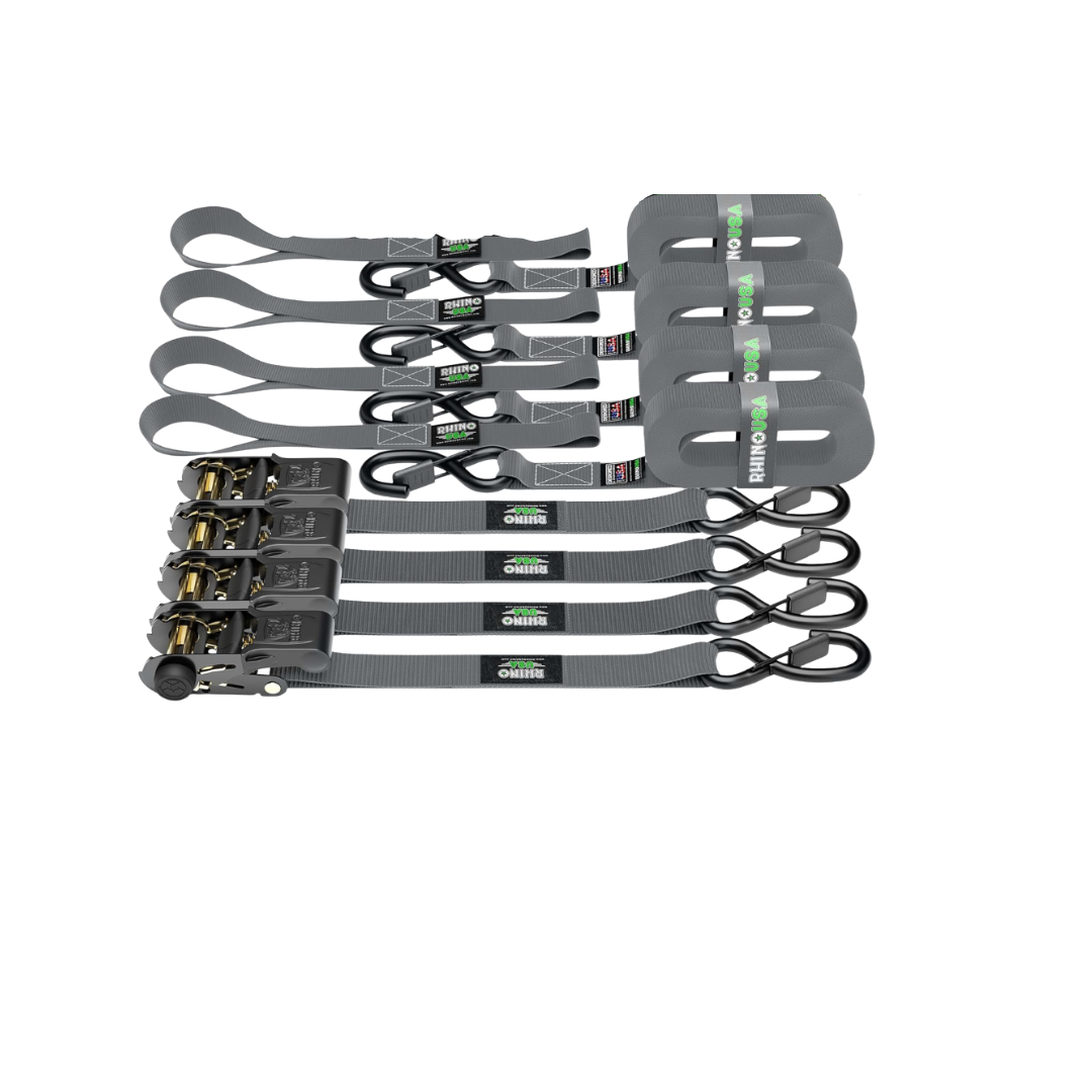Rhino USA Medium Duty Ratchet Tie-Down Set, 4 Ratchet Straps and 4 Soft Loops