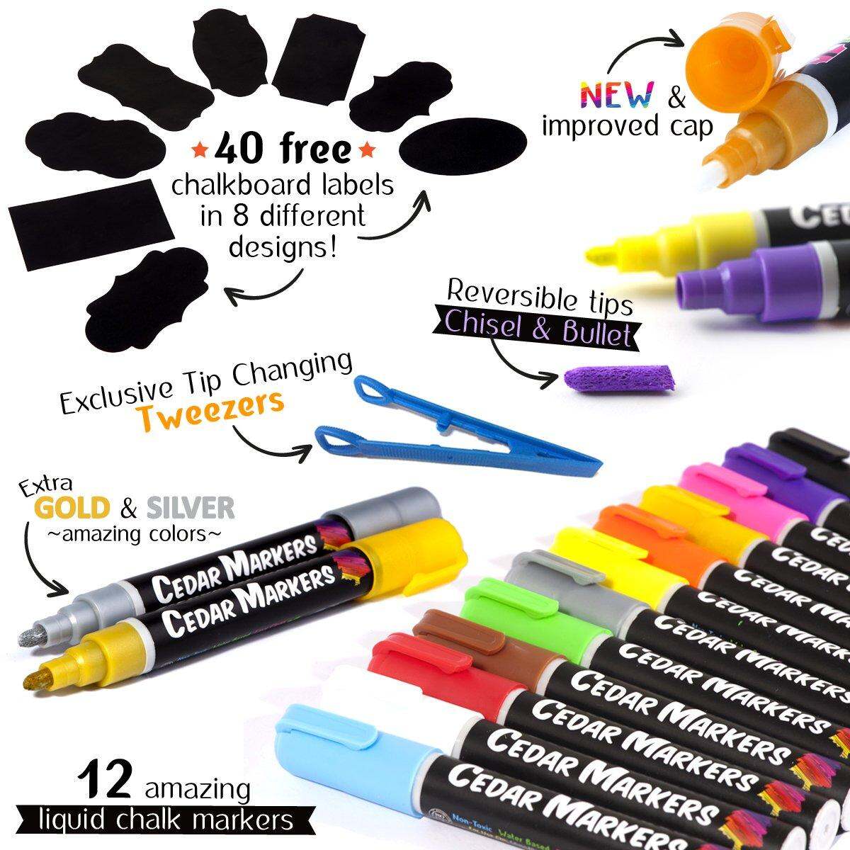 Cedar Markers Liquid Chalk Markers 12 count with Free 40 Chalkboard Labels