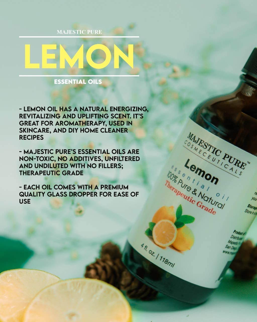 Majestic Pure Lemon Essential Oil for Aromatherapy 4 oz