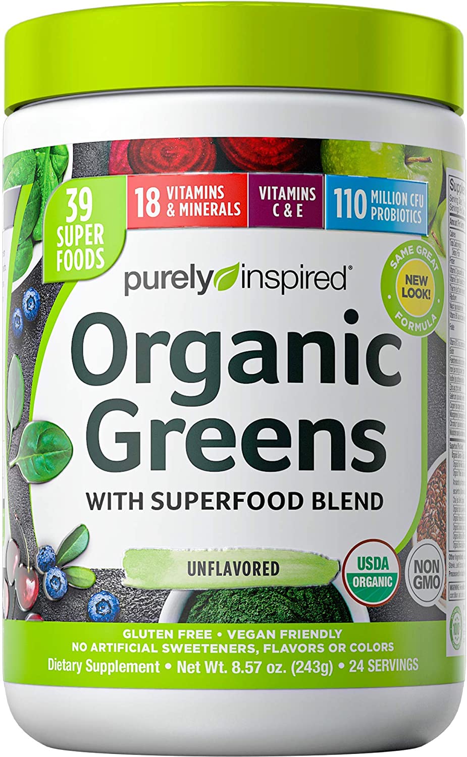 EXPIRY 11/2025 Purely Inspired Organic Greens With Superfood Blend Unflavored With 39 Super Foods 24 Servings 243g