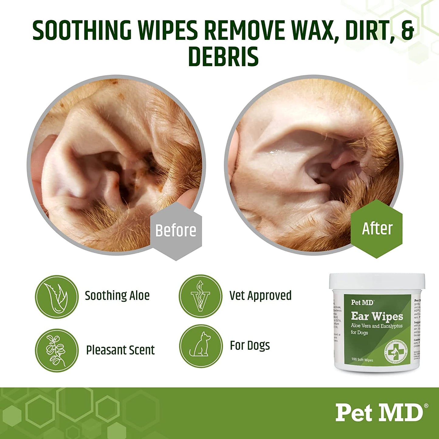 Pet MD Ear Wipes for Dogs Aloe Vera and Eucalyptus Advanced Veterinary Formula 100 Soft Wipes