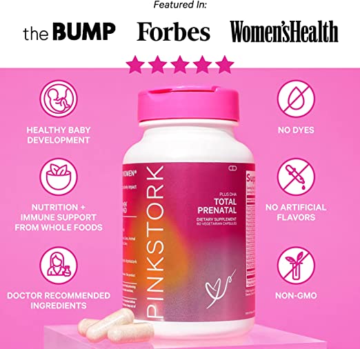 Pink Stork Total Prenatal Vitamins Plus DHA 60 Vegetarian Capsules PACKAGING MAY VARY NO BOX