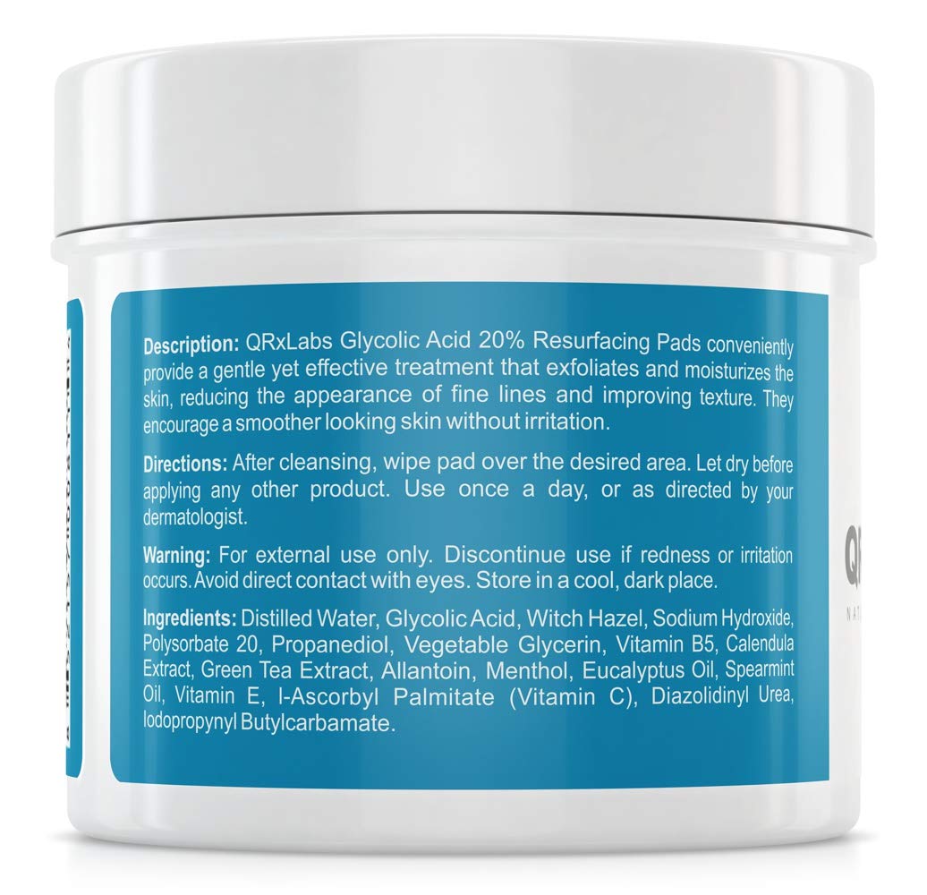 QRxLabs Glycolic Acid 20% Resurfacing Pads with Allantoin, Vitamins B5, C & E, Calendula & Green Tea Extract, 50 Textured Pads