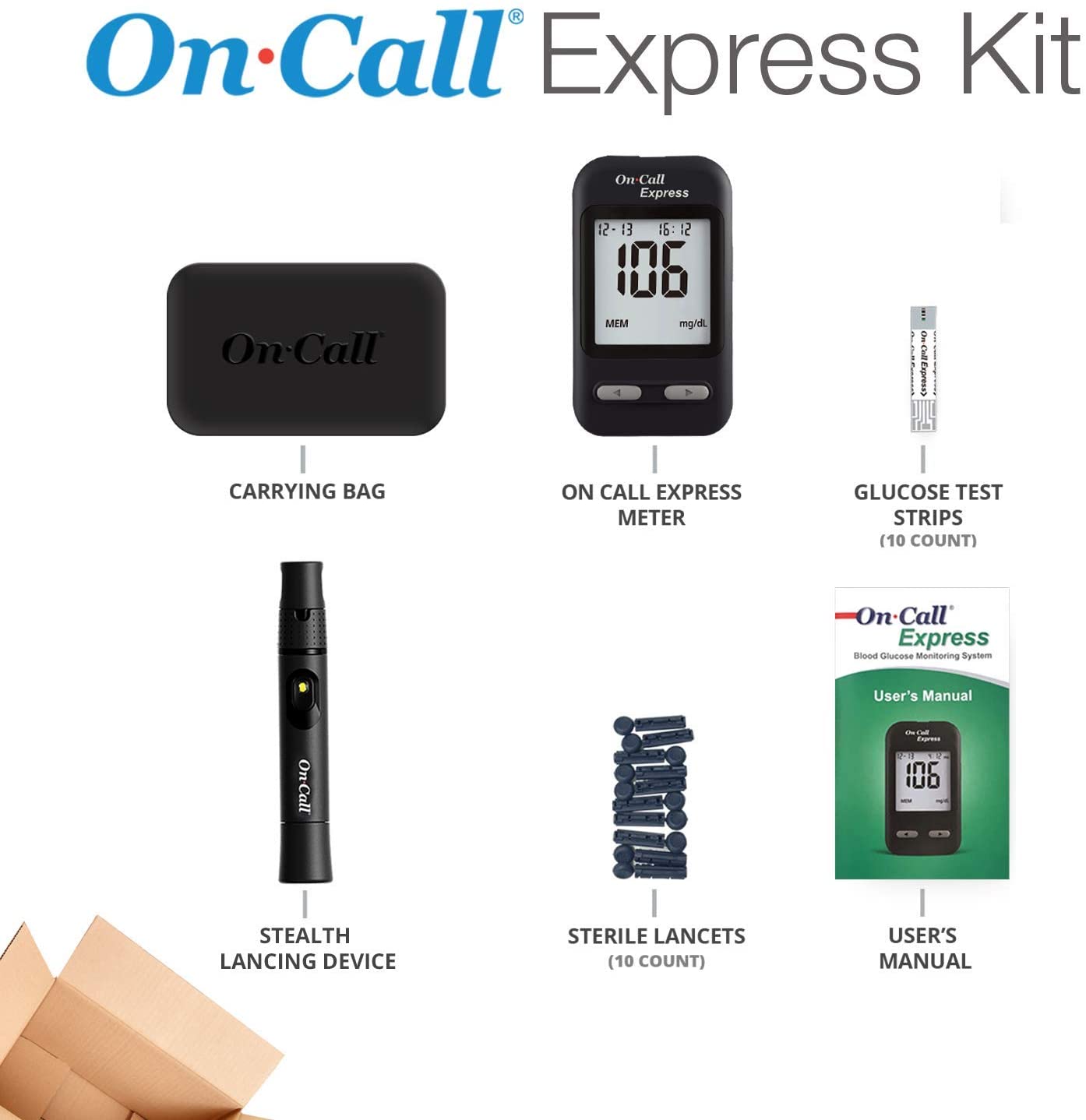 On Call Express Blood Glucose Monitoring System Advanced Biosensor Technology (Blood Glucose Meter, 10 Test Strips, 1 Control Solution, Lancing Device, Clear Cap & Carrying Case)