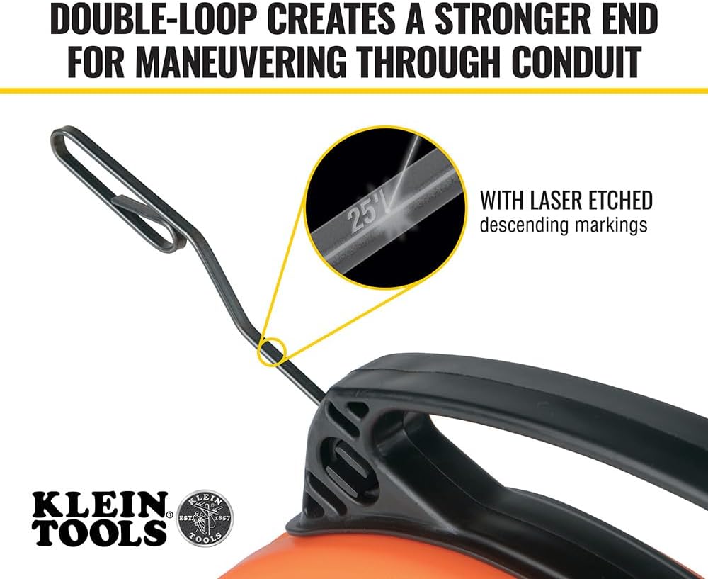 Klein Tools 50 Foot Electrical Fish Tape Steel Wire Puller with Double Loop Tip Optimized with Housing and Handle (56331)