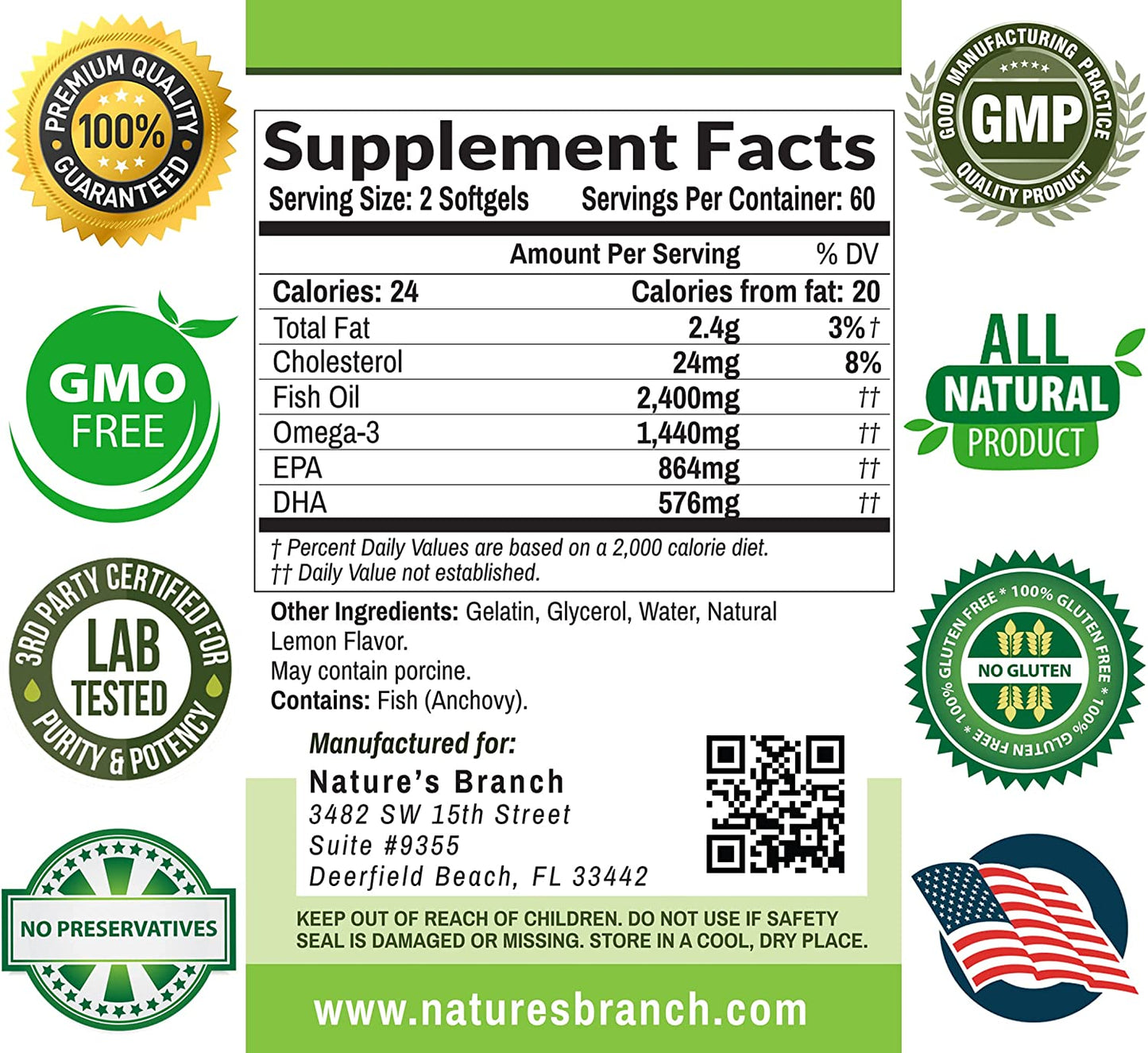 Nature's Branch Omega 3, Fish Oil, Triple Strength, Health Supplement, Lemon Flavor, 120 Softgels