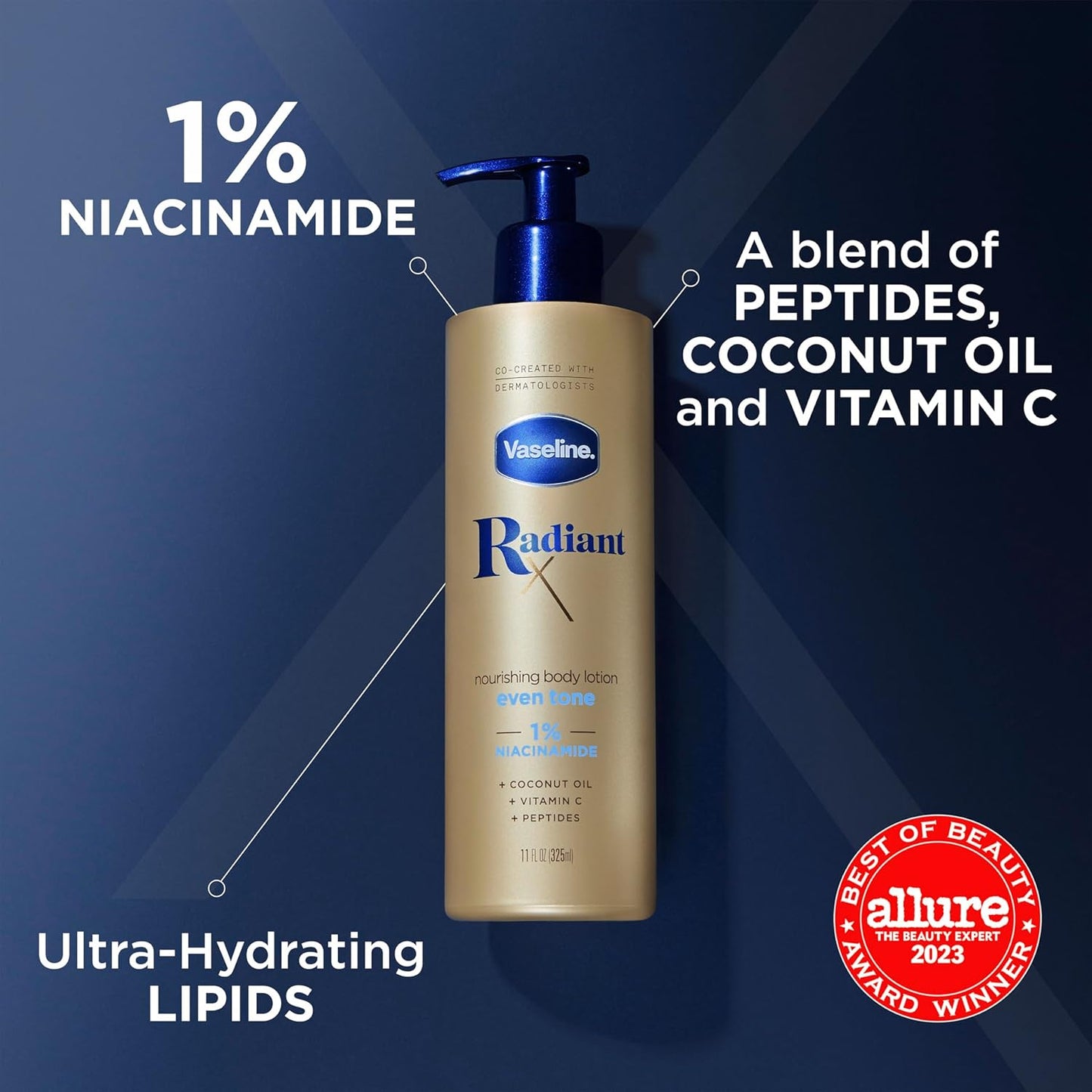 Vaseline Radiant X Nourishing Body Lotion Even Tone With 1% Niacinamide, Coconut Oil, Vitamin C, & Peptides 11 oz / 325ml