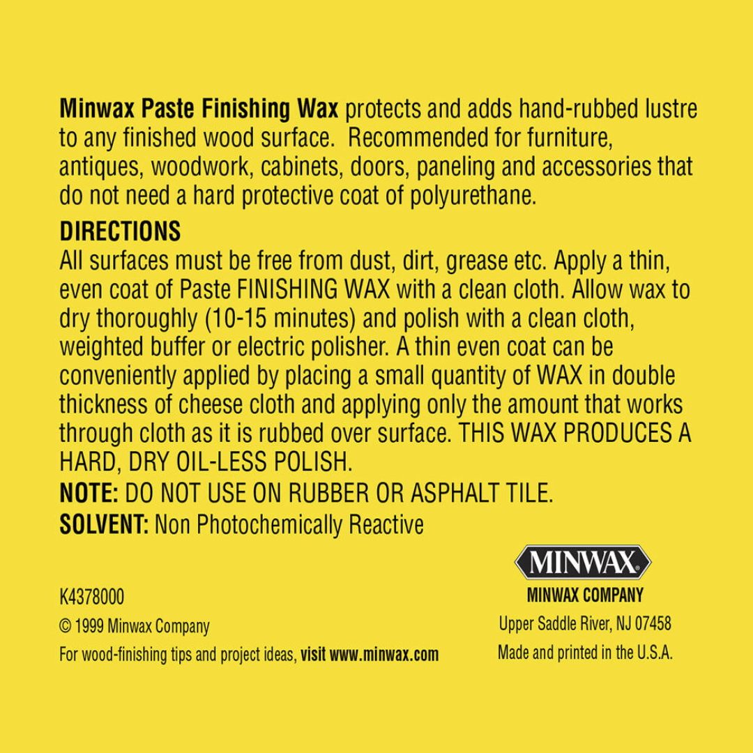 Minwax Paste Finishing Wax Apply Dry Buff, Natural, 1lb/450g