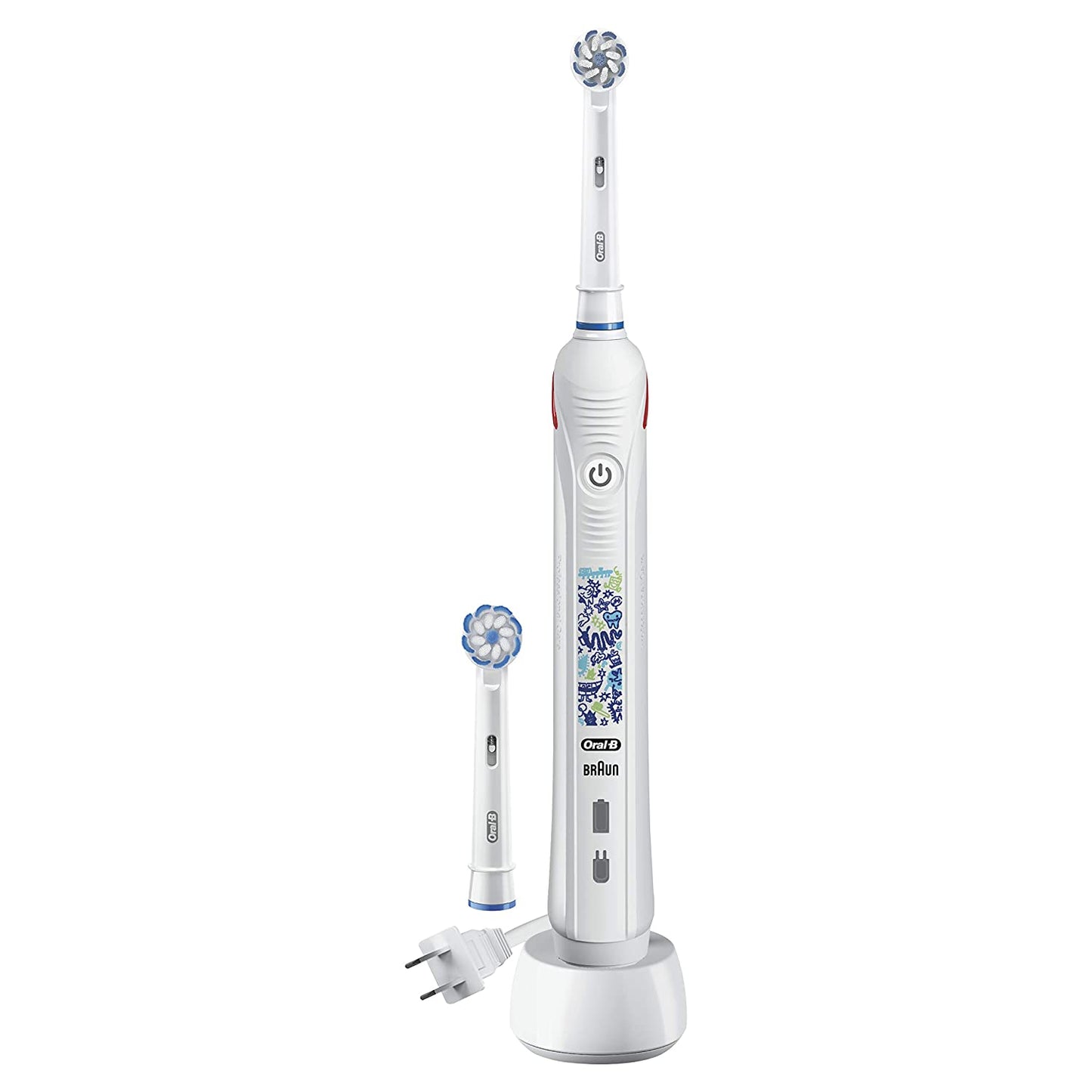 Oral-B Kids Rechargeable Electric Toothbrush with Coaching Pressure Sensor and Timer Powered by Braun, White (1 Handle, 2 Brush heads and 1 Charger)