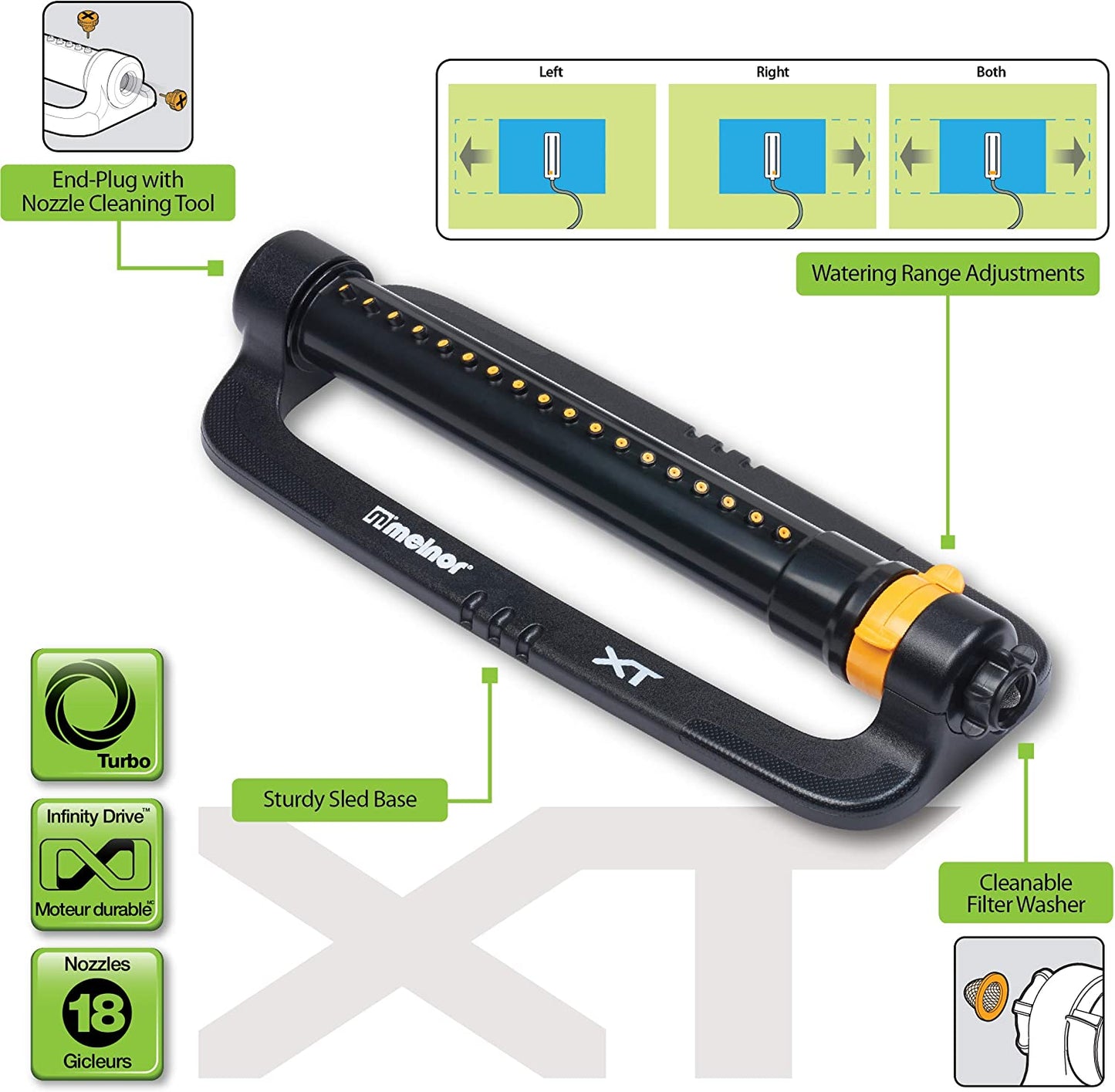 Melnor 65056-AMZ XT Turbo Oscillator Sprinkler With Range Adjustment And Quick Connect Adapter Set