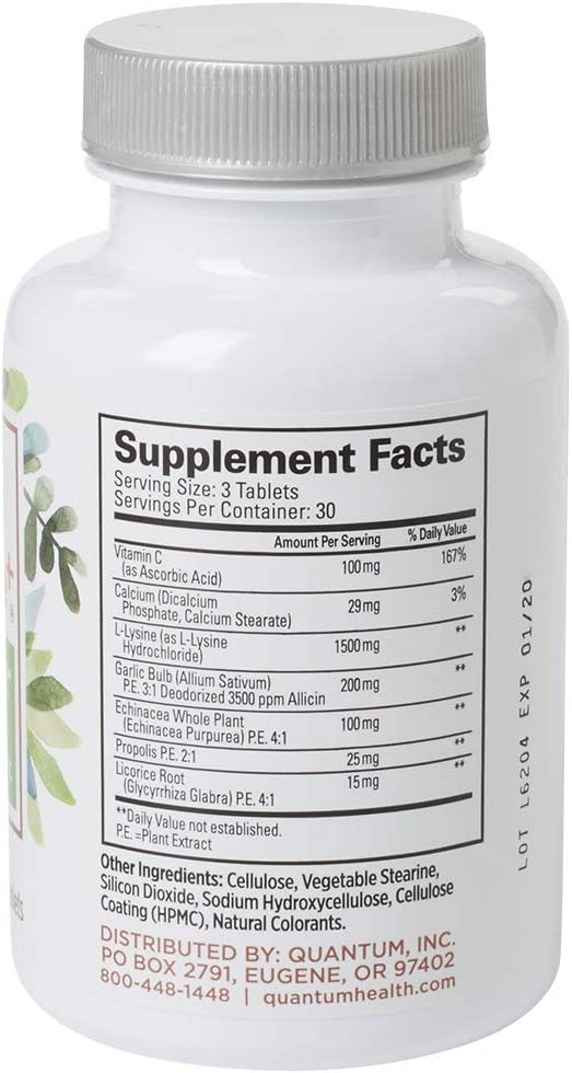 Quantum Health Super Lysine + Advanced Formula Lysine+ Immune Support with Vitamin C, Echinacea, Licorice, Propolis, Odorless Garlic, 90 Tablets