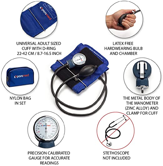 Paramed Basic Aneroid Sphygmomanometer with Manual Blood Pressure Cuff, Case and D-Ring, Blue (MAX02)