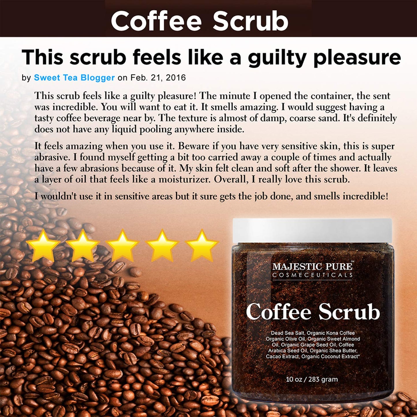 Majestic Pure Coffee Scrub All Natural Body Scrub, 10 oz. / 283g