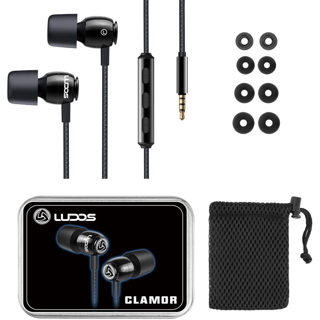 LUDOS Clamor Earbuds, Wired Headphones with Microphone and Ear Bud Tip Replacements, Universal