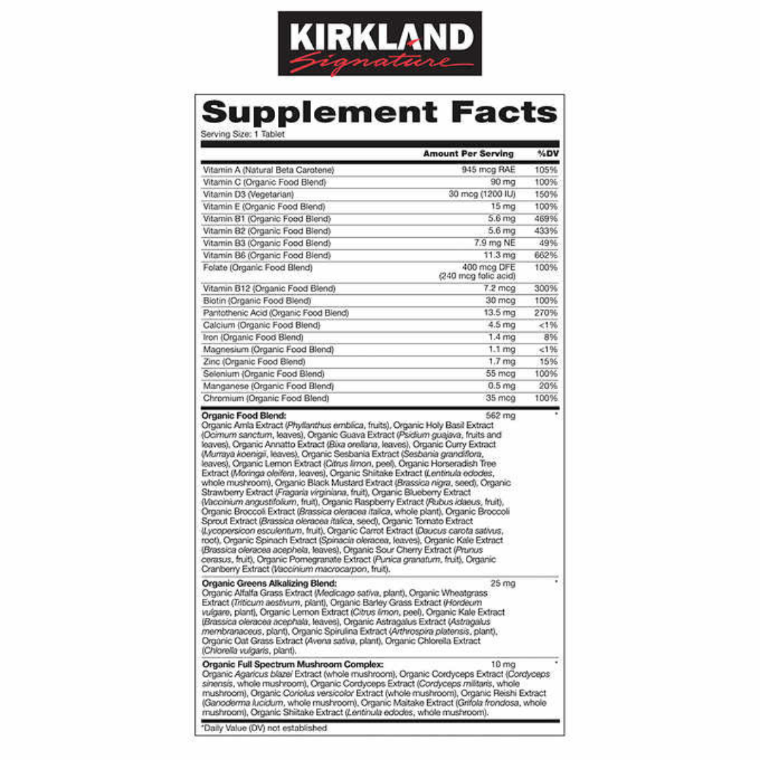 Kirkland Signature Organic Multivitamin Whole Food Sourced 80 Tablets