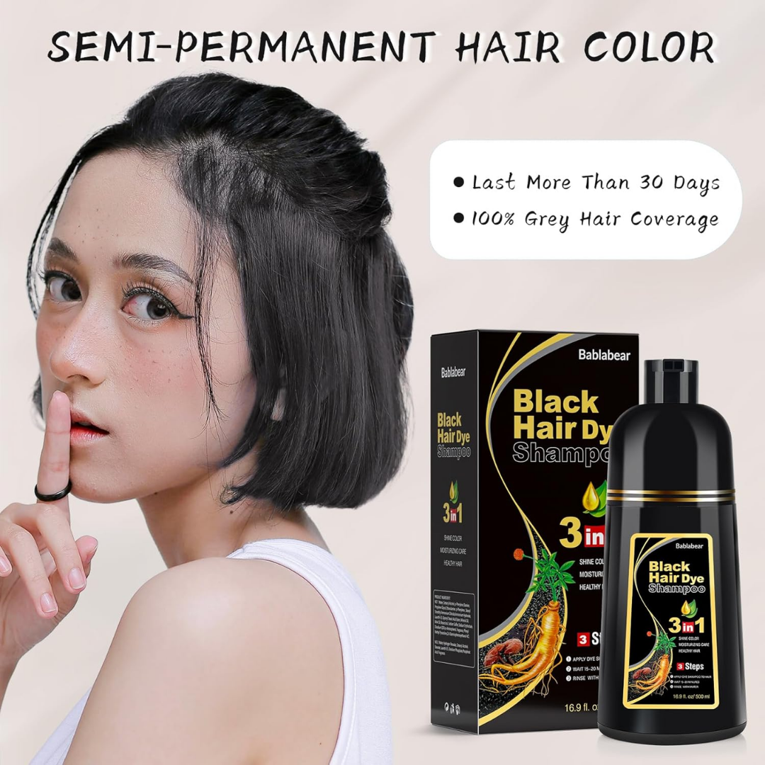 Bablabear Black Hair Dye Shampoo 3in1, 16.9 oz / 500 ml