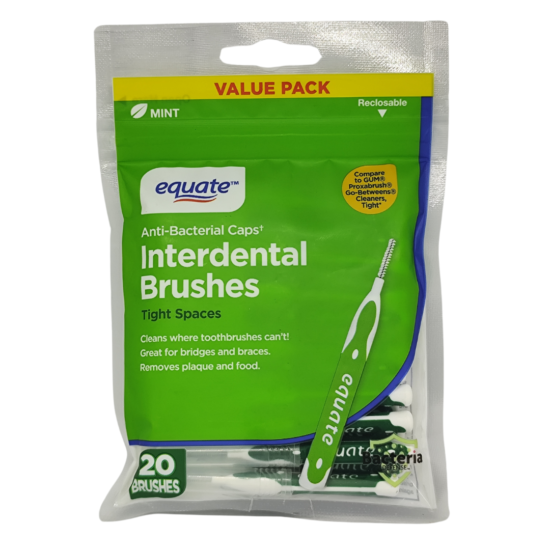 Equate Anti-Bacterial Caps Interdental Brushes for Tight Spaces, Mint-Flavored, 20 Brushes