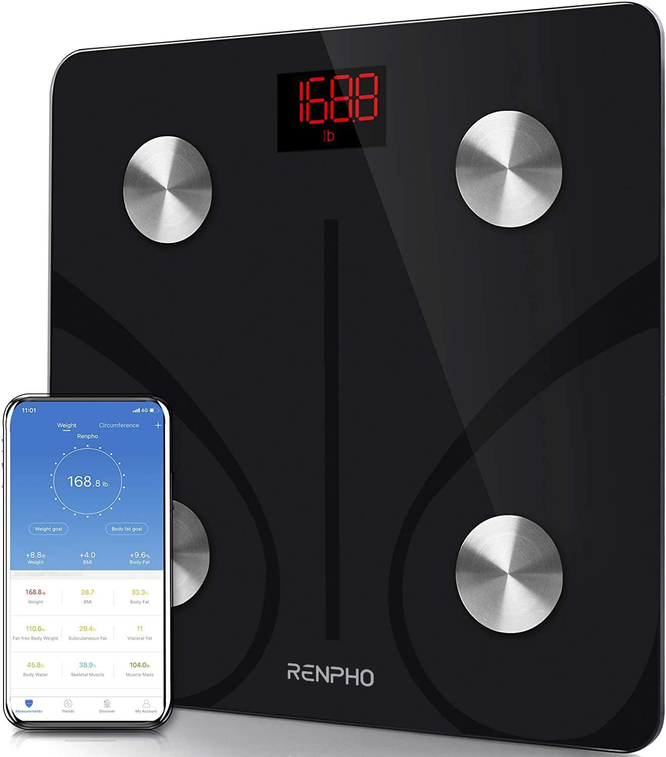RENPHO Digital Wireless Body Composition Scale with Smartphone App sync, Bluetooth, 396 lbs - Black