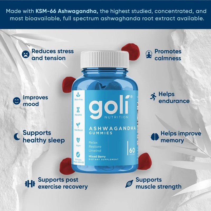 Goli Ashwagandha Gummy, Mixed Berries, Non-GMO, Plant-Based, Vegan Stress, Sleep Support