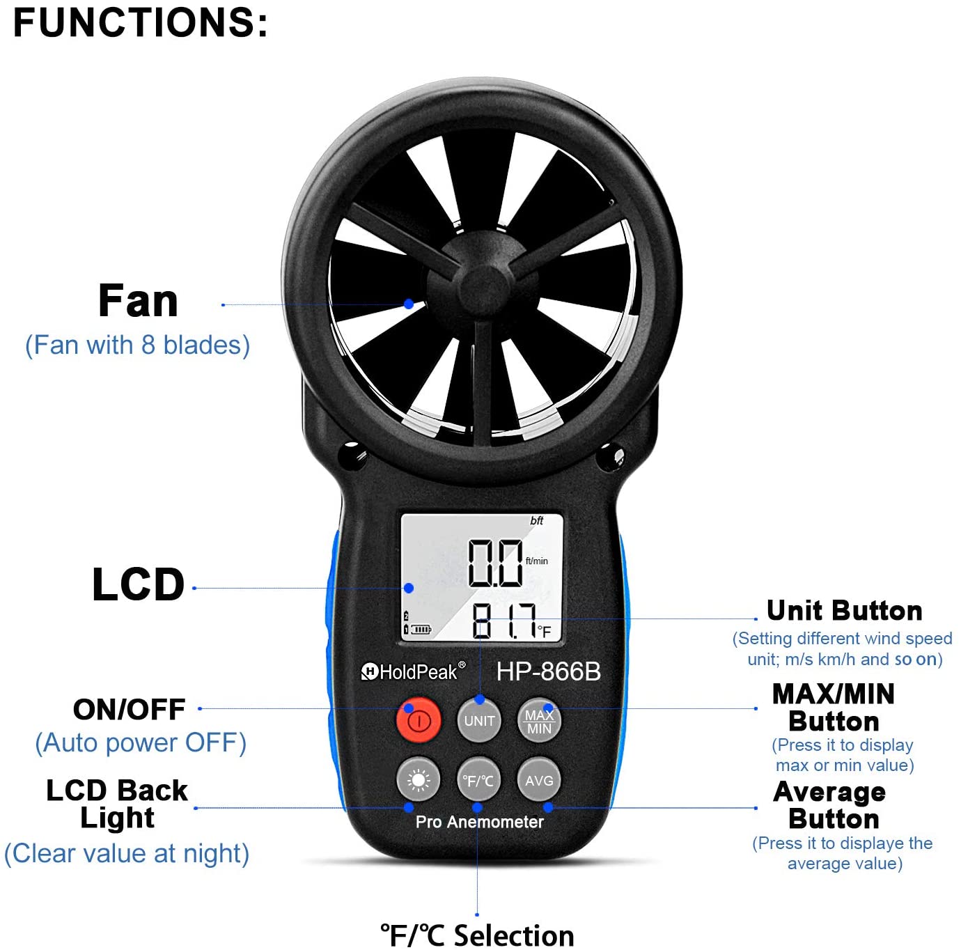 HOLDPEAK 866B Digital Anemometer Handheld Wind Speed c