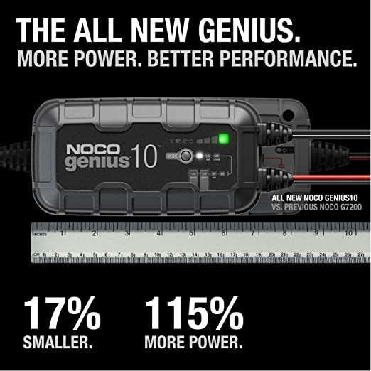 N OC O Genius 10 Charger Maintainer 6V and 12V 10A Charger, Batt Clamps + Connector IP65