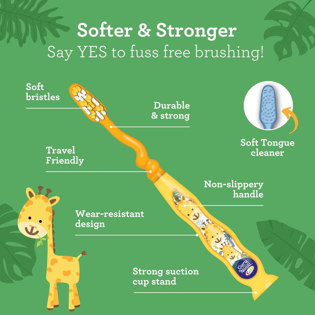 Guru Nanda Kids Ages 3+, 4 Soft Toothbrushes with Suction Cup Stand
