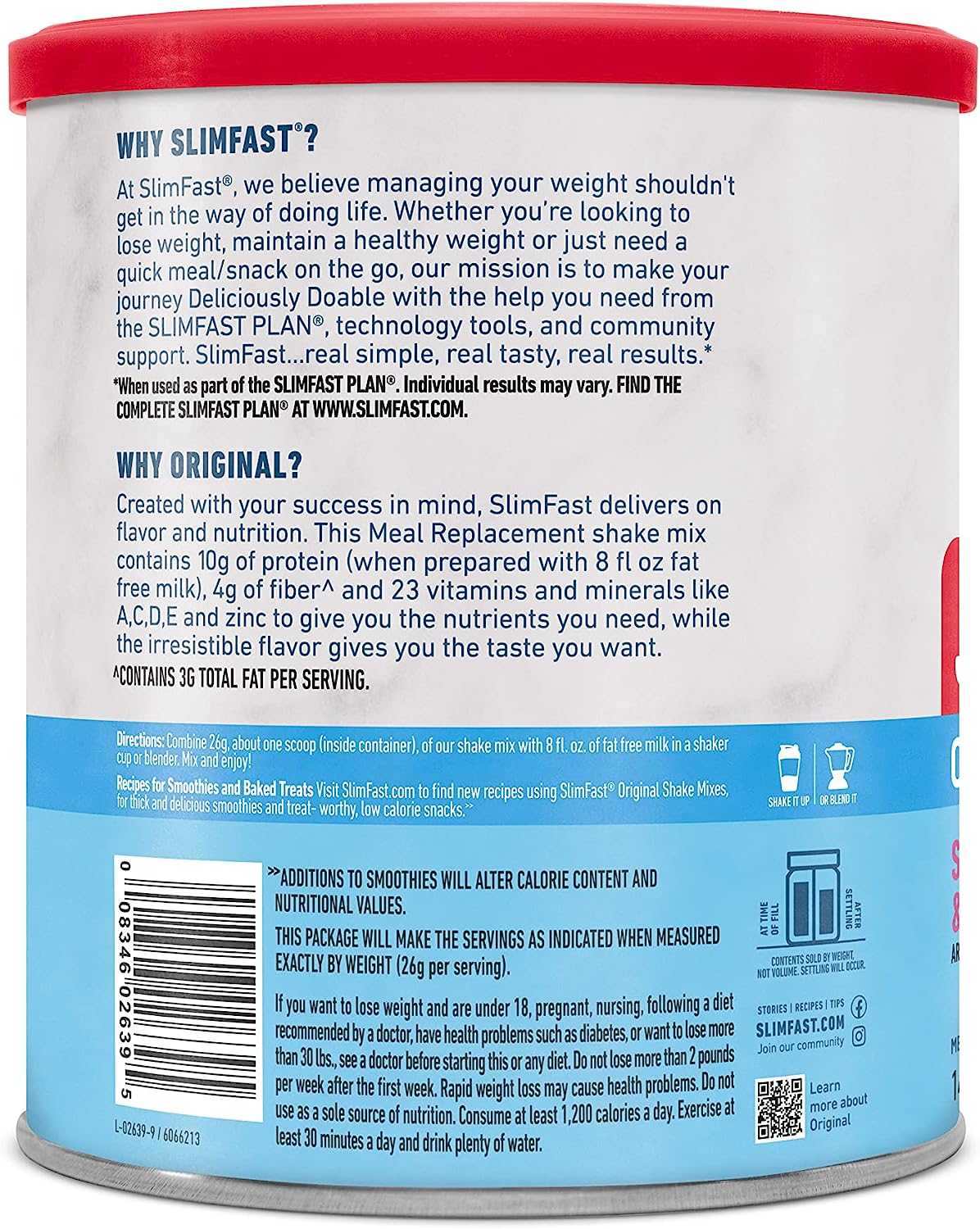 SlimFast Original Strawberries & Cream Meal Replacement Shake Mix – Weight Loss Powder – 12.83 Oz. Canister – 14 Servings - Pantry Friendly