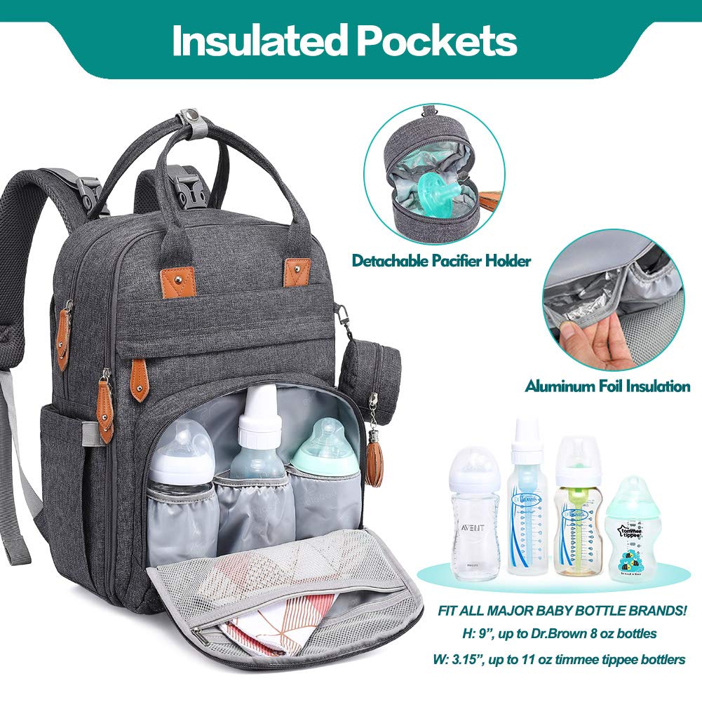 BabbleRoo Diaper Bag Backpack - Multi function Waterproof, Unisex (Dark Gray)