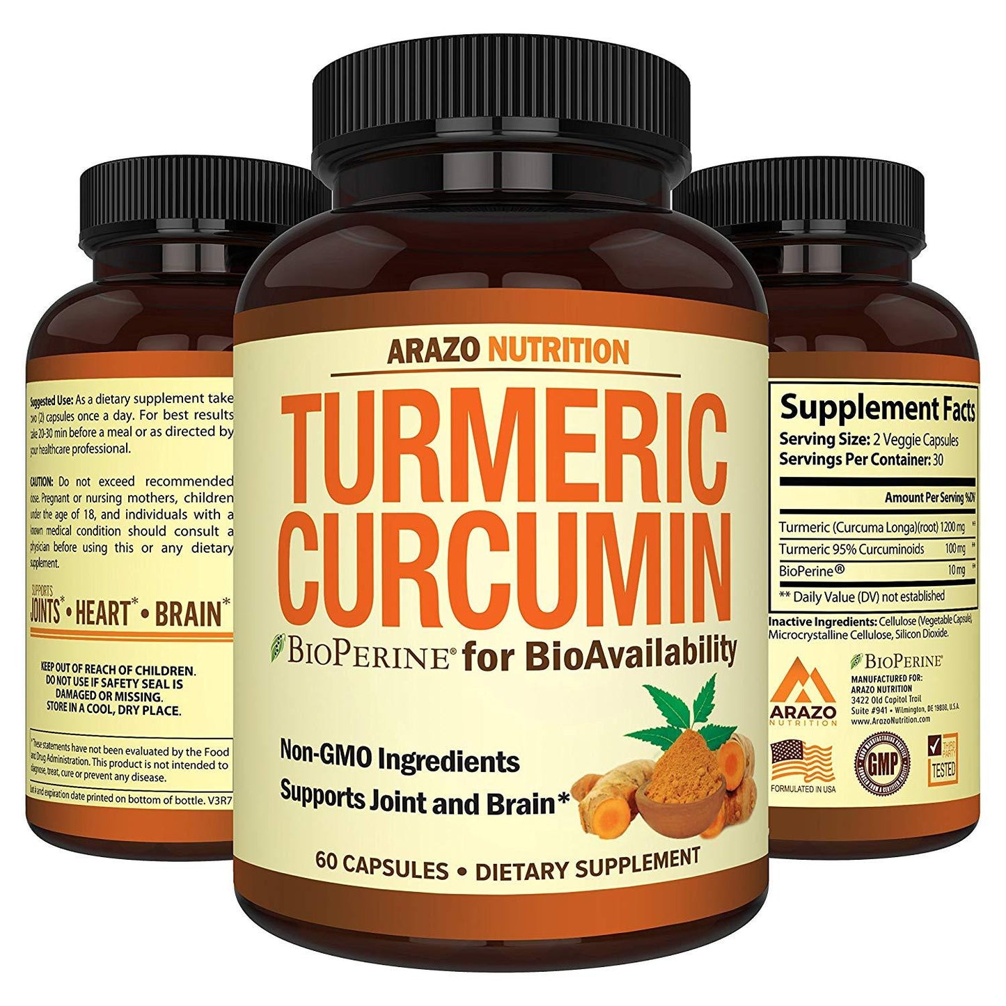 Arazo Nutrition Turmeric Curcumin with BioPerine, 60 Capsules