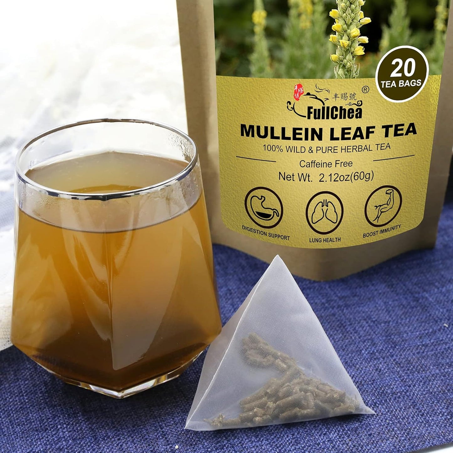 FullChea Mullein Leaf Tea 100% Wild & Pure Herbal Tea  20 Tea Bags (60g)