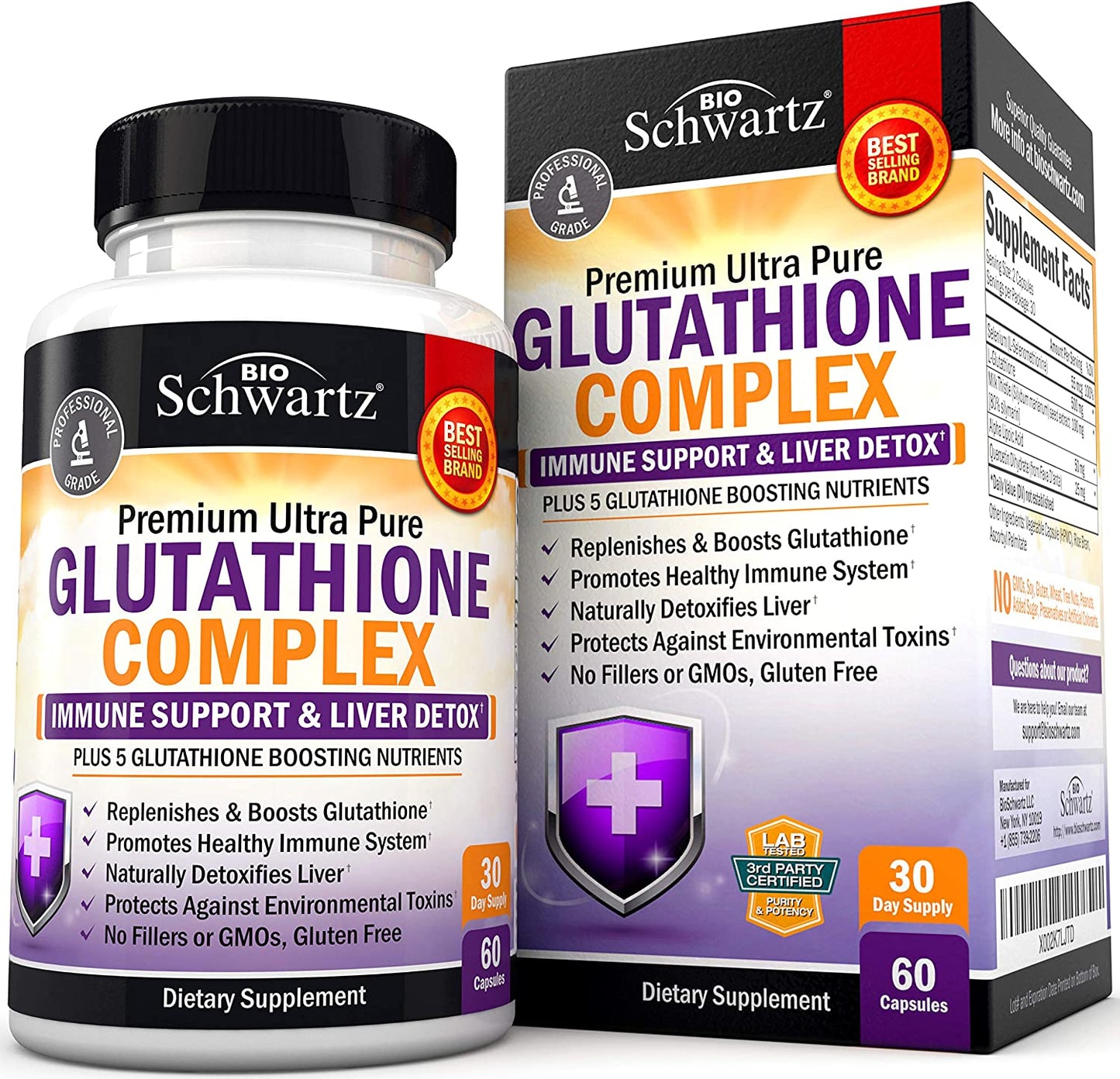 BioSchwartz Premium Ultra Pure Glutathione Complex for Immune Support & Liver Detox 60 Capsules