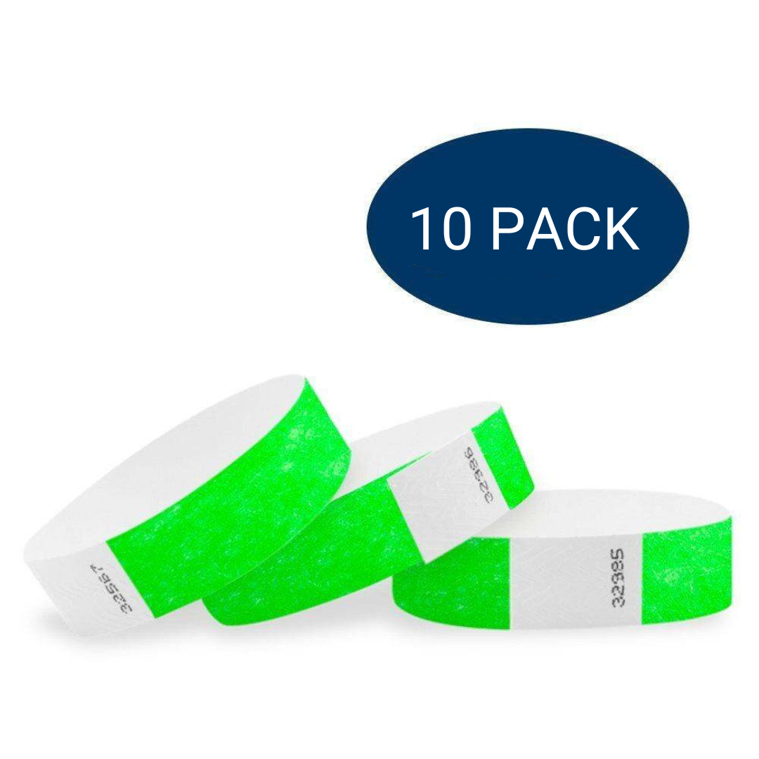 WristCo Neon 3/4" Tyvek Paper Wristbands For Events - 10 Pack