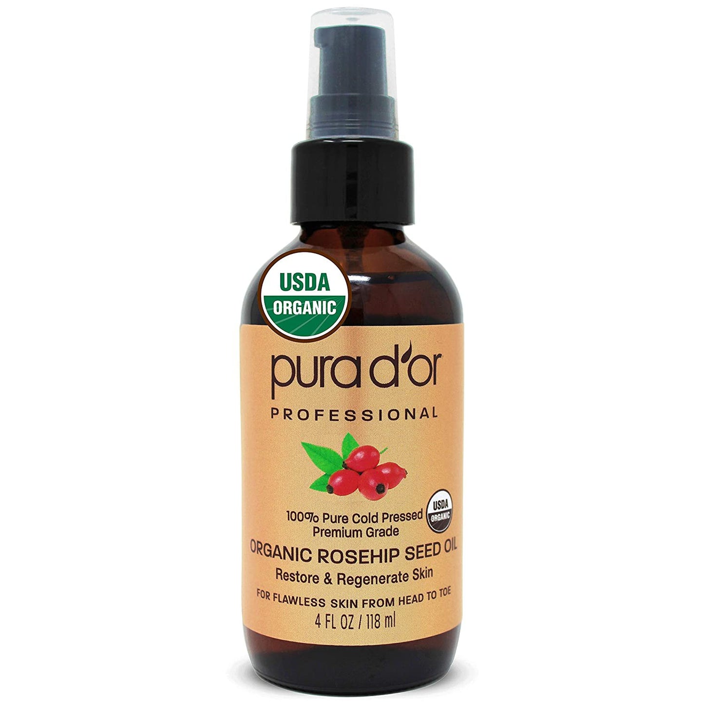 PURA D'OR (4 oz) Organic Rosehip Seed Oil 100% Pure Cold Pressed, USDA Certified Organic